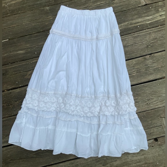 Vintage Bohemian Boho White Midi Peasant Stretchy Flowy Skirt Women’s Size Small - Picture 7 of 15